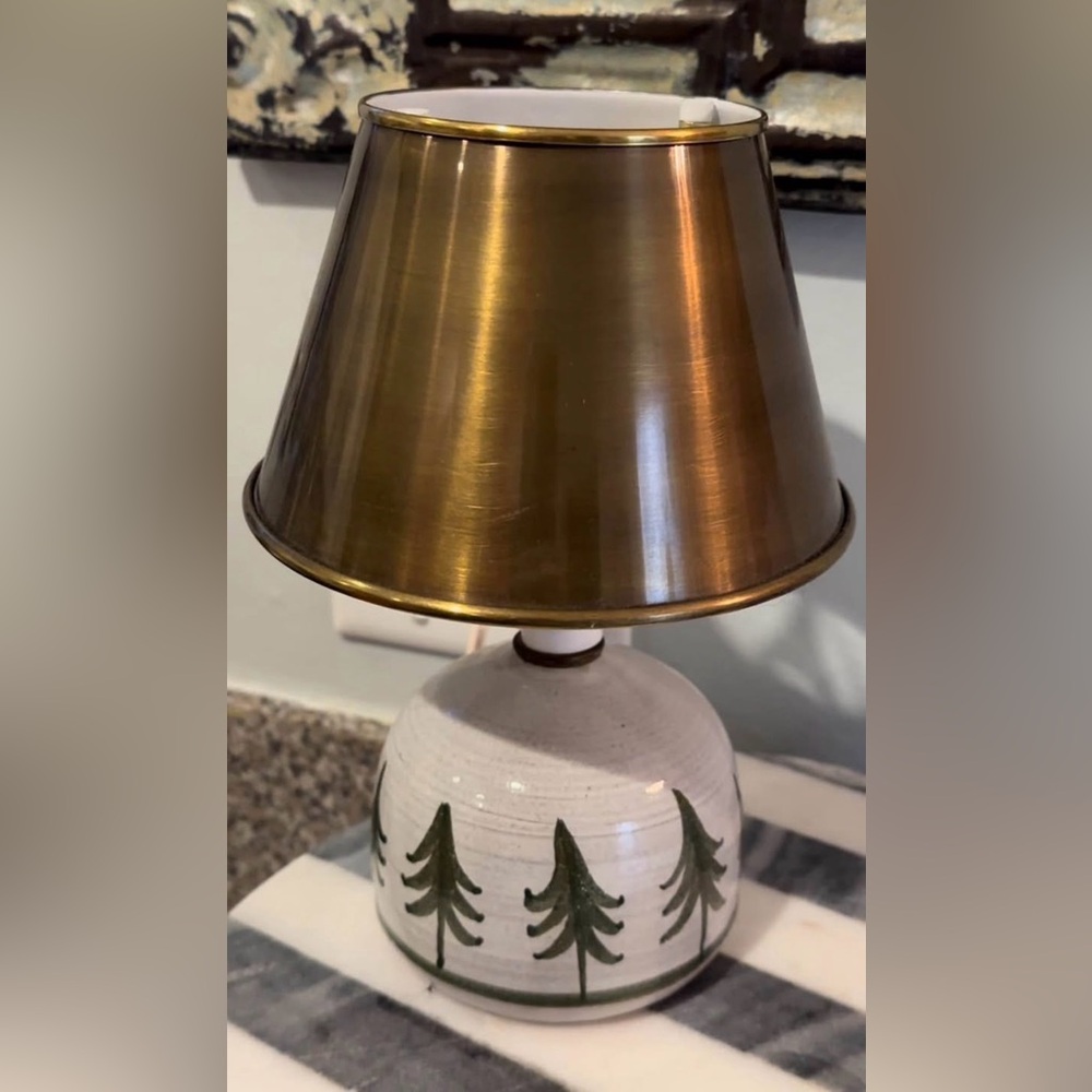 Vintage Handmade Pottery Christmas Tree Mini Lamp Brass Shade